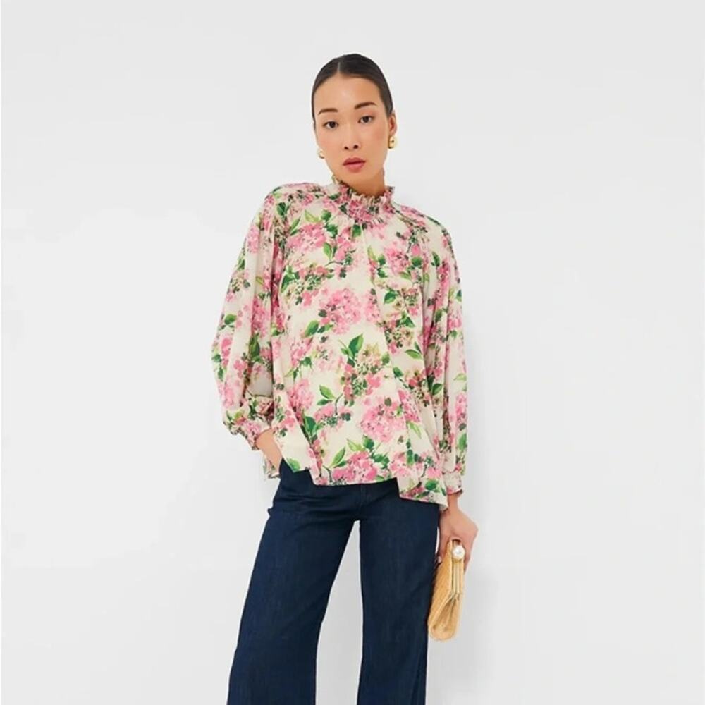 Tuckernuck Gossamer Pink Hydrangea Lydia Blouse Womens XL Pink Green Flowy Vacay - Picture 11 of 11